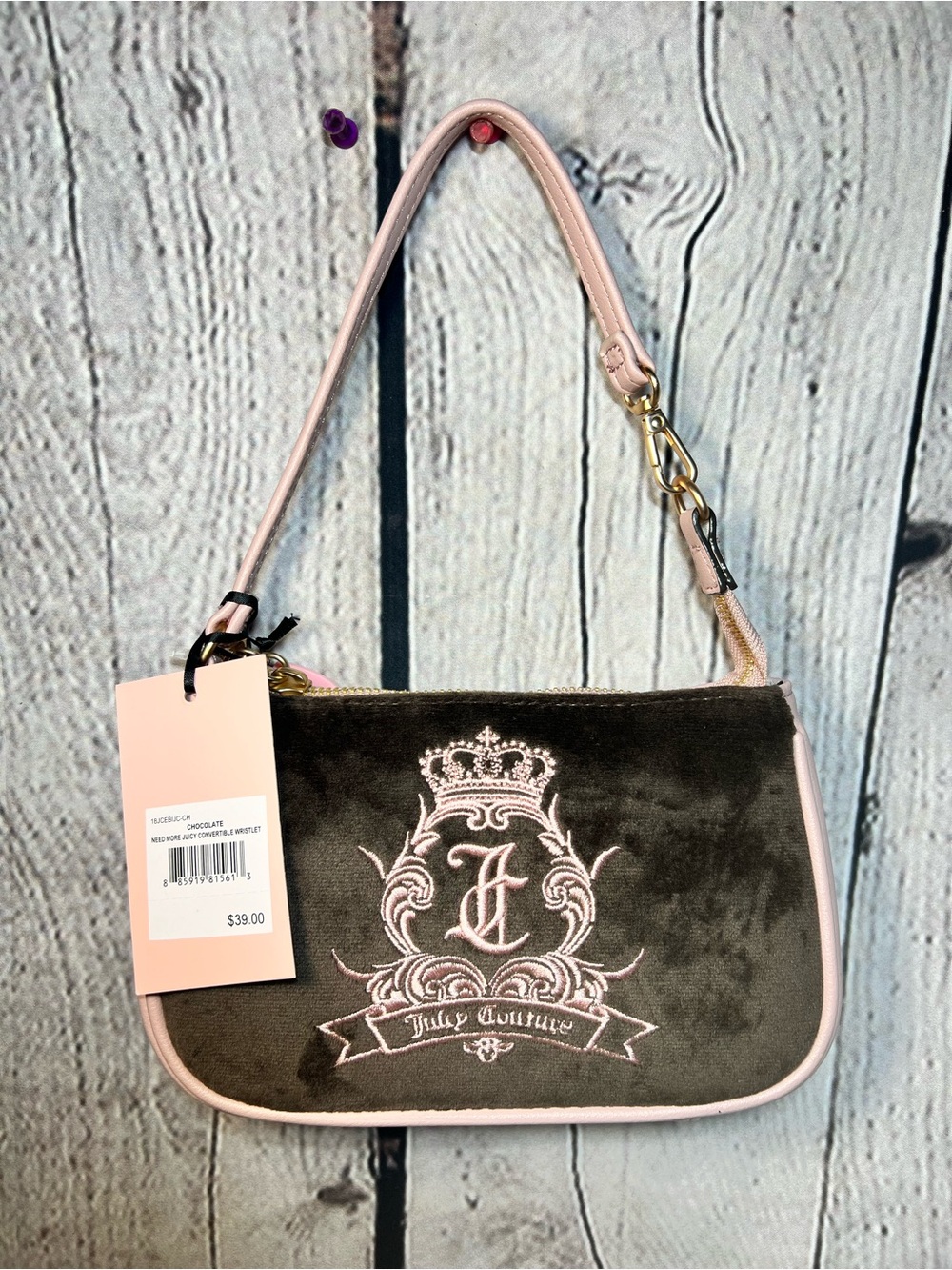 Juicy Couture Brown Velvet Shoulder Bag with Pink Trim